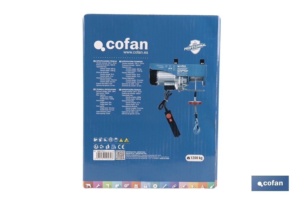 Polipasto eléctrico con parada de emergencia | Altura de elevación: 10/20 m | Protección IP54 | Incluye mando | Disponible en diferentes capacidades de carga - Cofan