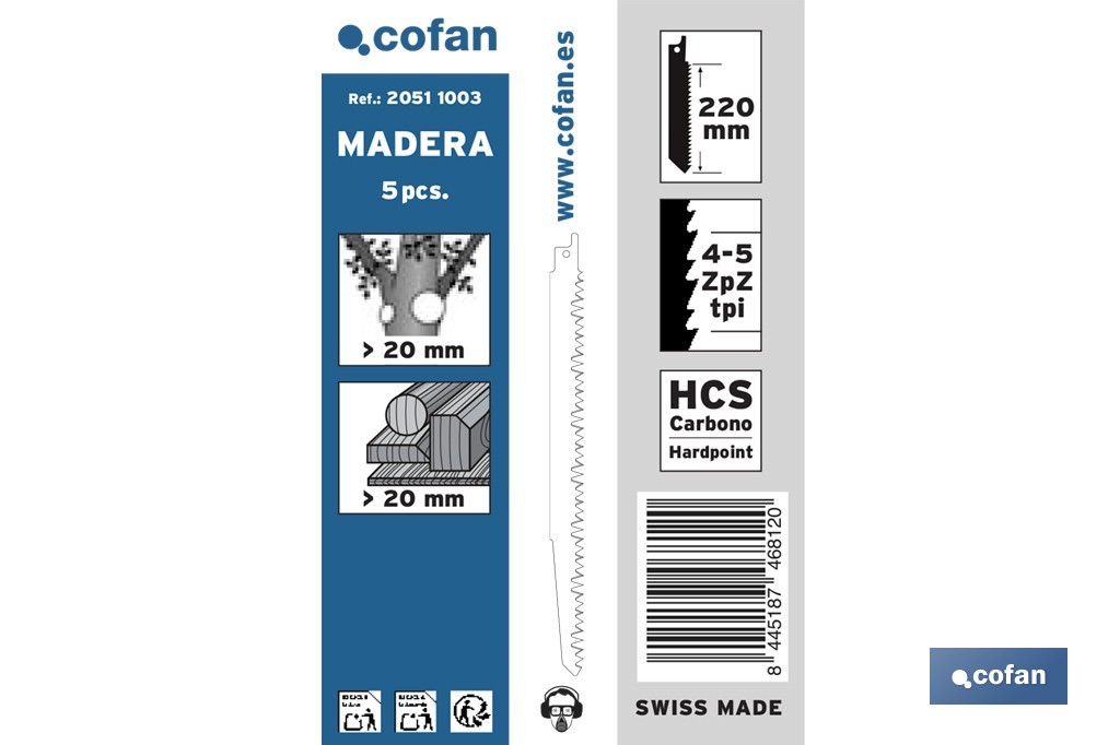 Hojas de sierra de sable universales HCS para madera seca y verde | Aptas para corte en madera en bruto y desramados - Cofan
