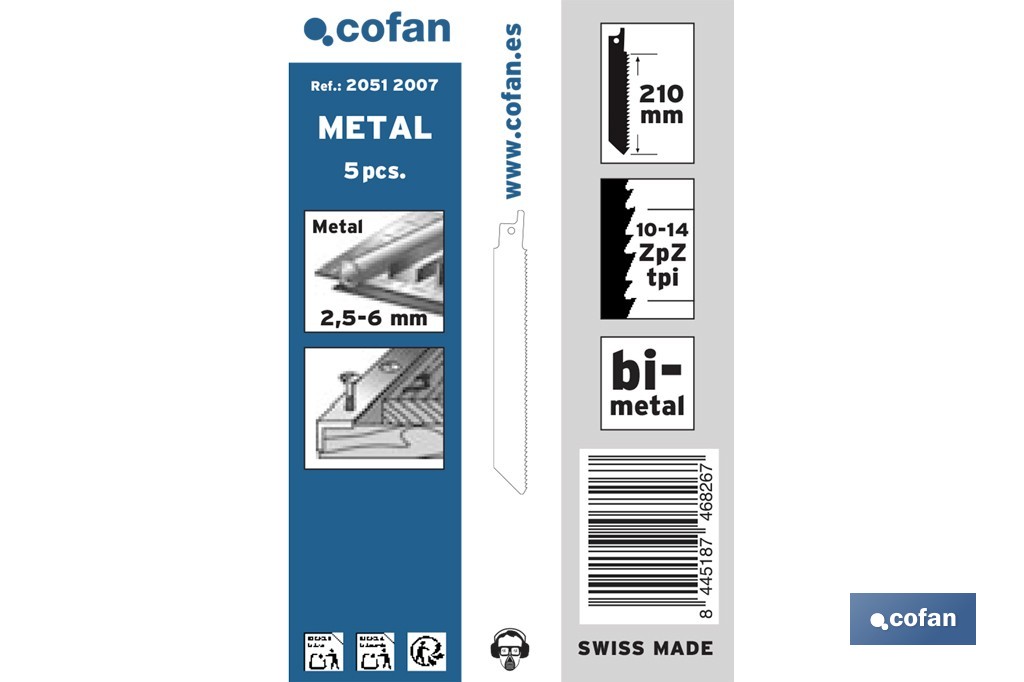 Hojas de sierra de sable universales bimetal para metal, madera y plástico reforzado| Adecuadas para metales de 2,5 a 6 mm de espesor | Disponibles en diferentes longitudes - Cofan
