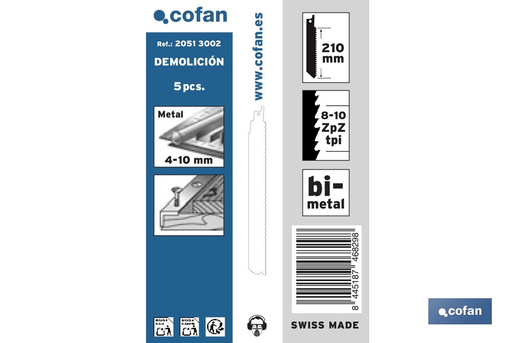 Hojas de sierra de sable universales bimetal para demolición | Adecuadas para metal, madera y plástico de 4 a 10 mm de espesor | Disponible en diferentes longitudes - Cofan