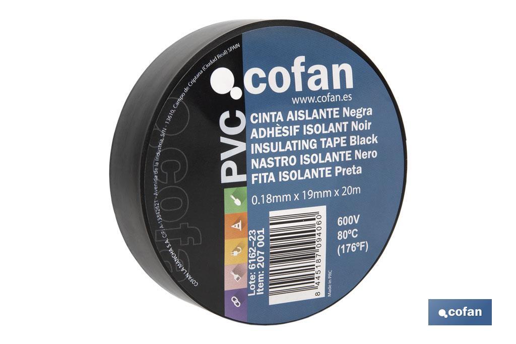 Ruban isolant 180 microns | Couleur noire | Résistant à la tension, à la chaleur et à plusieurs acides et alcalins - Cofan