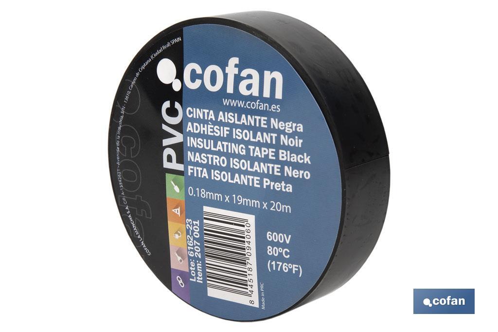 Insulating tape 180 microns | Black | Resistant to voltage, heat and different acids and alkaline materials - Cofan