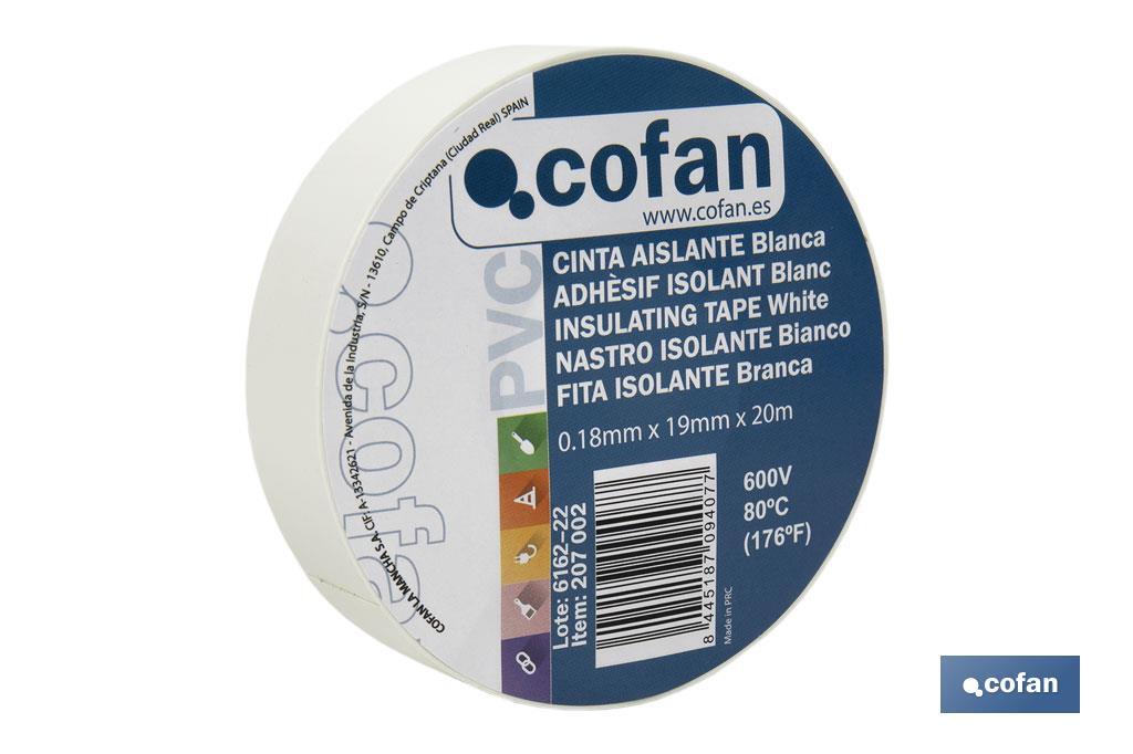 Ruban isolant 180 microns | Couleur blanche | Résistant à la tension, à la chaleur et à plusieurs acides et alcalins - Cofan