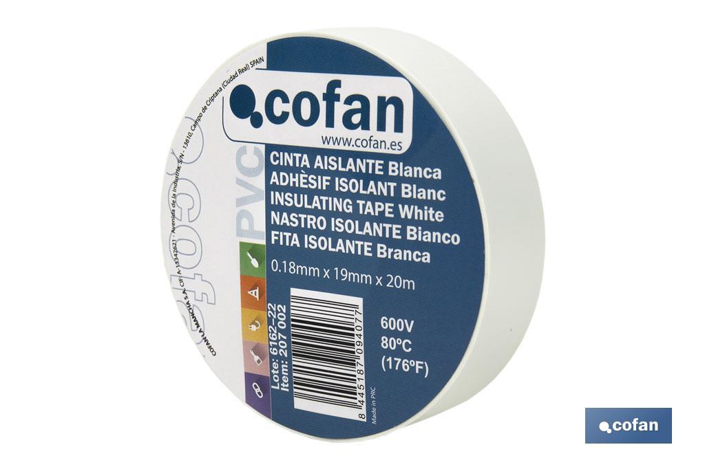 Insulating tape 180 microns | White | Resistant to voltage, heat and different acids and alkaline materials - Cofan