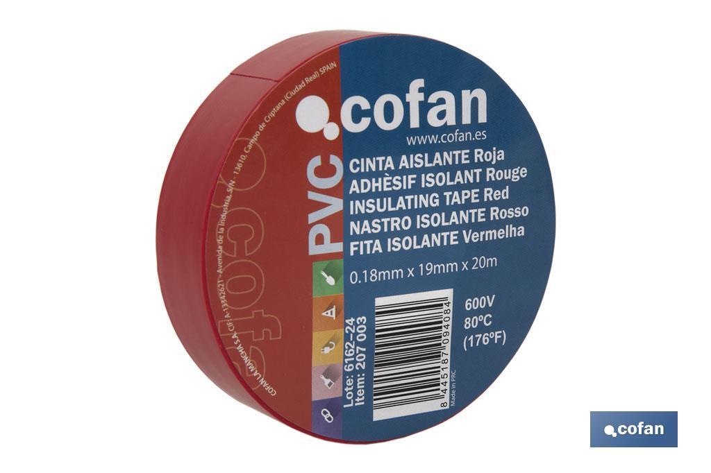 Cinta Aislante 180 Micras | Color rojo | Resistente al voltaje, al calor y a diferentes ácidos y alcalinos - Cofan