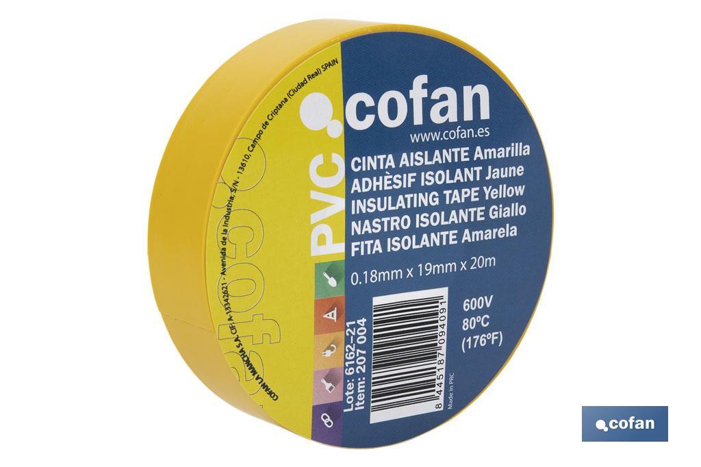 Insulating tape 180 microns | Yellow | Resistant to voltage, heat and different acids and alkaline materials - Cofan