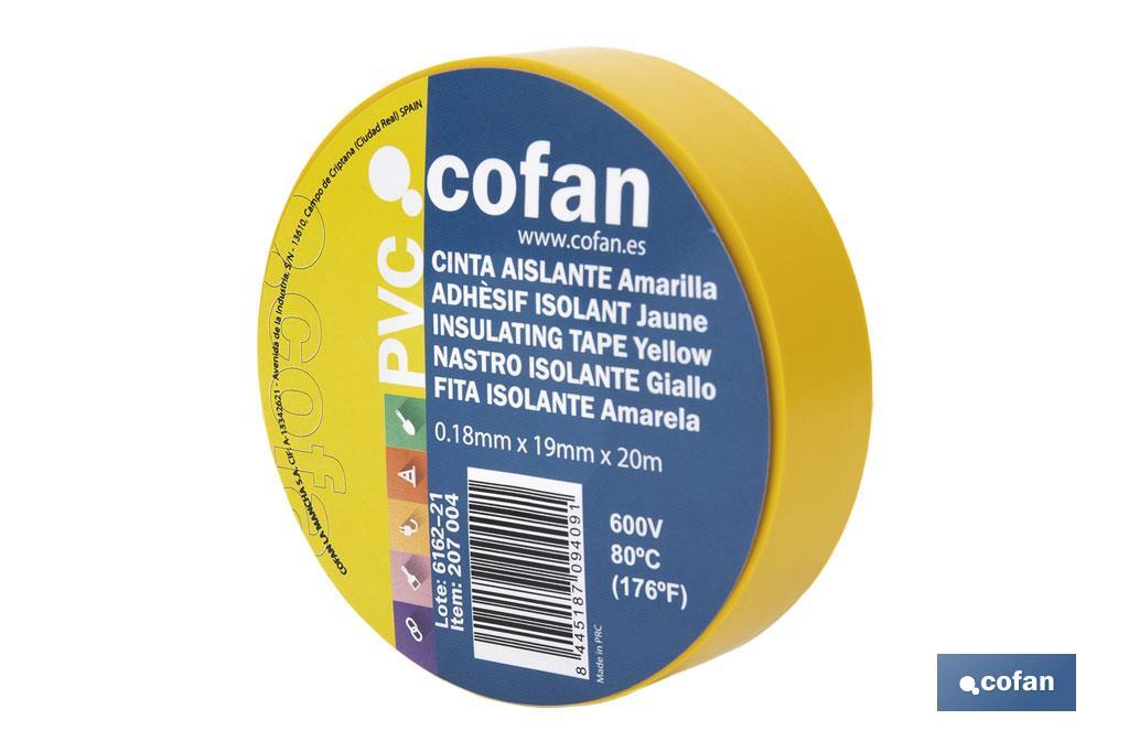 Cinta Aislante 180 Micras | Color amarillo | Resistente al voltaje, al calor y a diferentes ácidos y alcalinos - Cofan