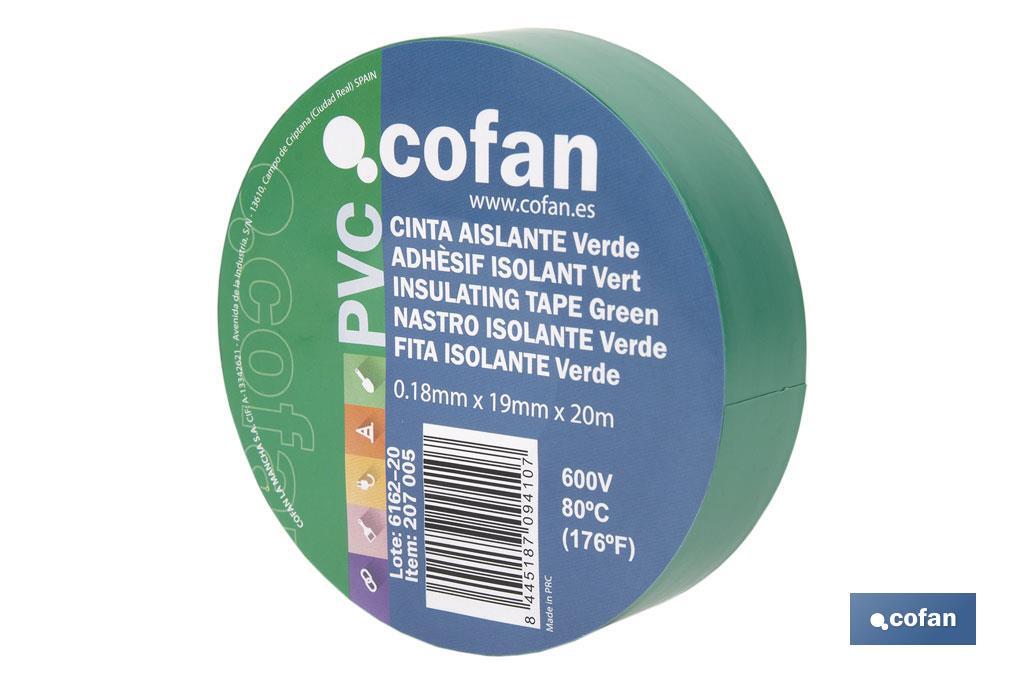 Cinta Aislante 180 Micras | Color verde | Resistente al voltaje, al calor y a diferentes ácidos y alcalinos - Cofan