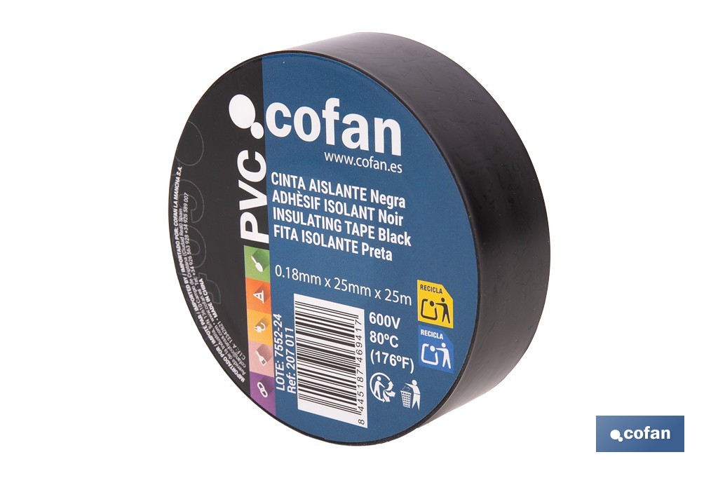 Cinta aislante negra de PVC 180 micras de alta resistencia eléctrica y térmica | Ideal para cables, automoción y bricolaje - Cofan