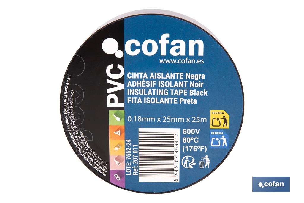 Cinta aislante negra de PVC 180 micras de alta resistencia eléctrica y térmica | Ideal para cables, automoción y bricolaje - Cofan