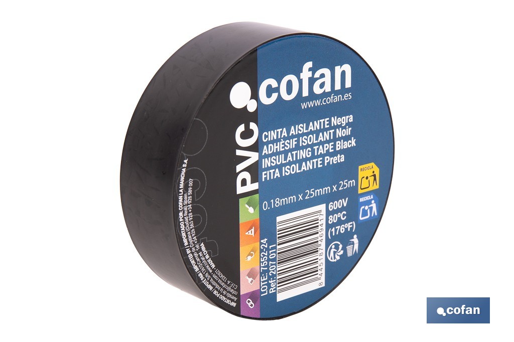 Cinta aislante negra de PVC 180 micras de alta resistencia eléctrica y térmica | Ideal para cables, automoción y bricolaje - Cofan