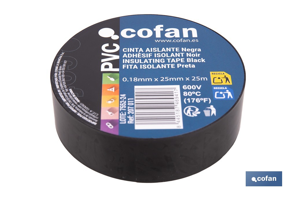 Cinta aislante negra de PVC 180 micras de alta resistencia eléctrica y térmica | Ideal para cables, automoción y bricolaje - Cofan