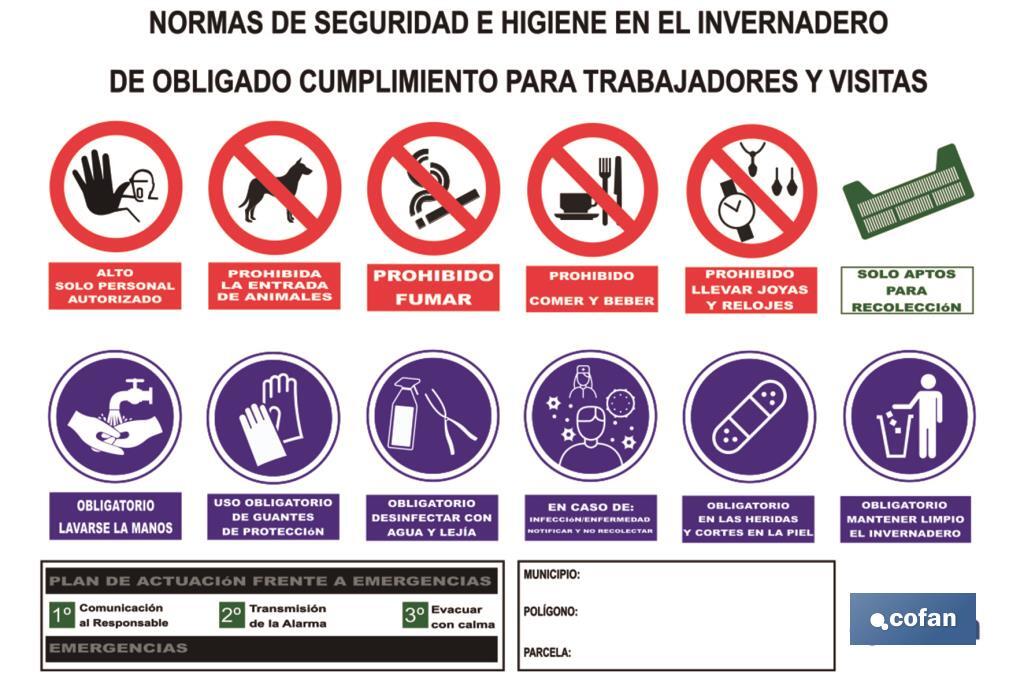 Cartel Multiseñal | Normas de seguridad e higiene para invernaderos | Medida 1000 x 700 mm - Cofan