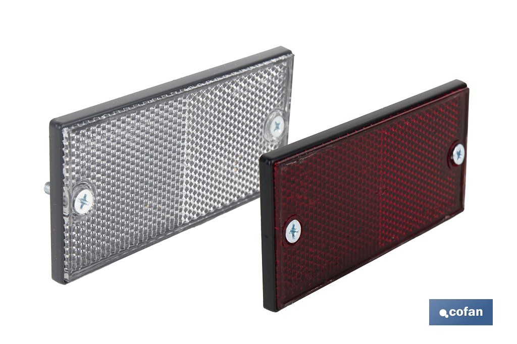 Rectangular retroreflector with screws for fixing on vehicles | Approved product | Size: 106 x 50mm | Available in 3 colours - Cofan