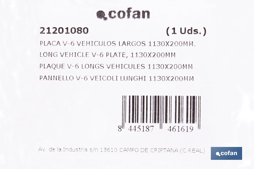 Placa V6 para vehículos largos | Material: aluminio | Recubrimiento con vinilo réflex N2 | Señalización homologada | Fácil de instalar | Disponible en varias medidas - Cofan