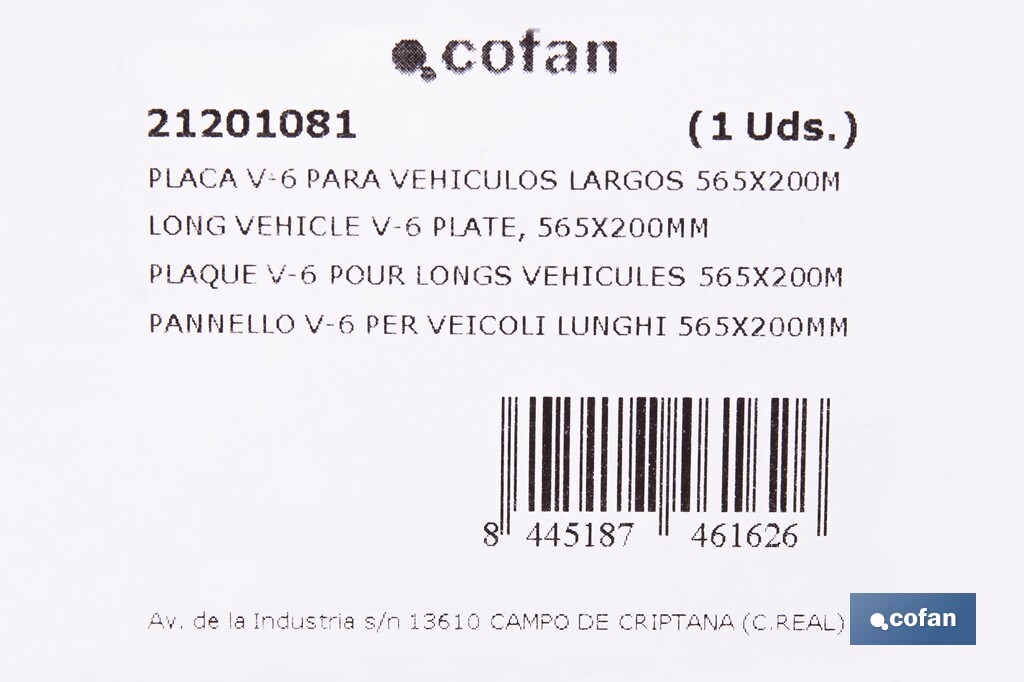 Placa V6 para vehículos largos | Material: aluminio | Recubrimiento con vinilo réflex N2 | Señalización homologada | Fácil de instalar | Disponible en varias medidas - Cofan