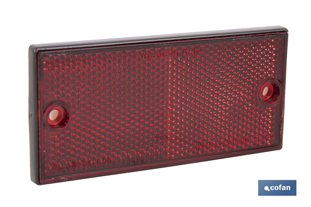 Rectangular reflector with 2 holes and adhesive backing | Screws not included | Approved product | Available in 3 different colours | Size: 106 x 50 mm - Cofan