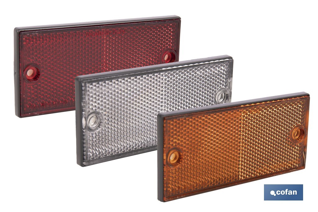 Rectangular reflector with 2 holes and adhesive backing | Screws not included | Approved product | Available in 3 different colours | Size: 106 x 50 mm - Cofan