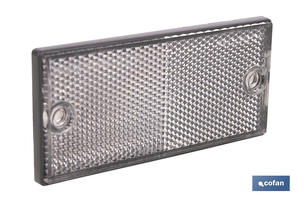 Rectangular reflector with 2 holes and adhesive backing | Screws not included | Approved product | Available in 3 different colours | Size: 106 x 50 mm - Cofan