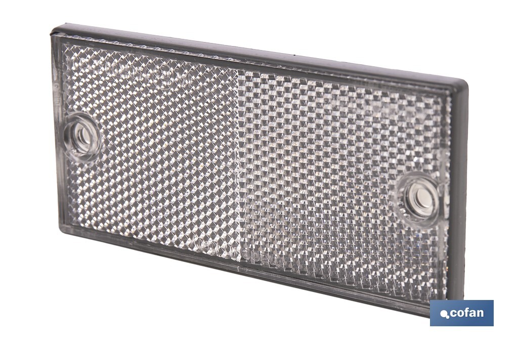 Rectangular reflector with 2 holes and adhesive backing | Screws not included | Approved product | Available in 3 different colours | Size: 106 x 50 mm - Cofan