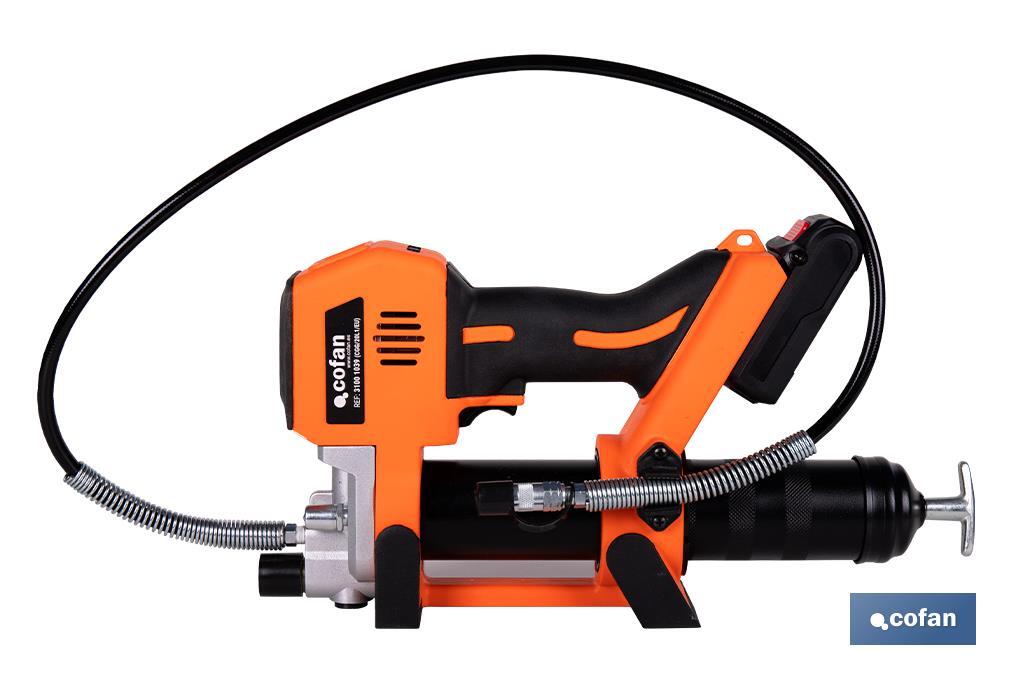 Pistola engrasadora a batería | Batería Li-ion 21 V 2 Ah | Presión máxima: 690 bar | Adecuada para cartuchos de 400 ml - Cofan