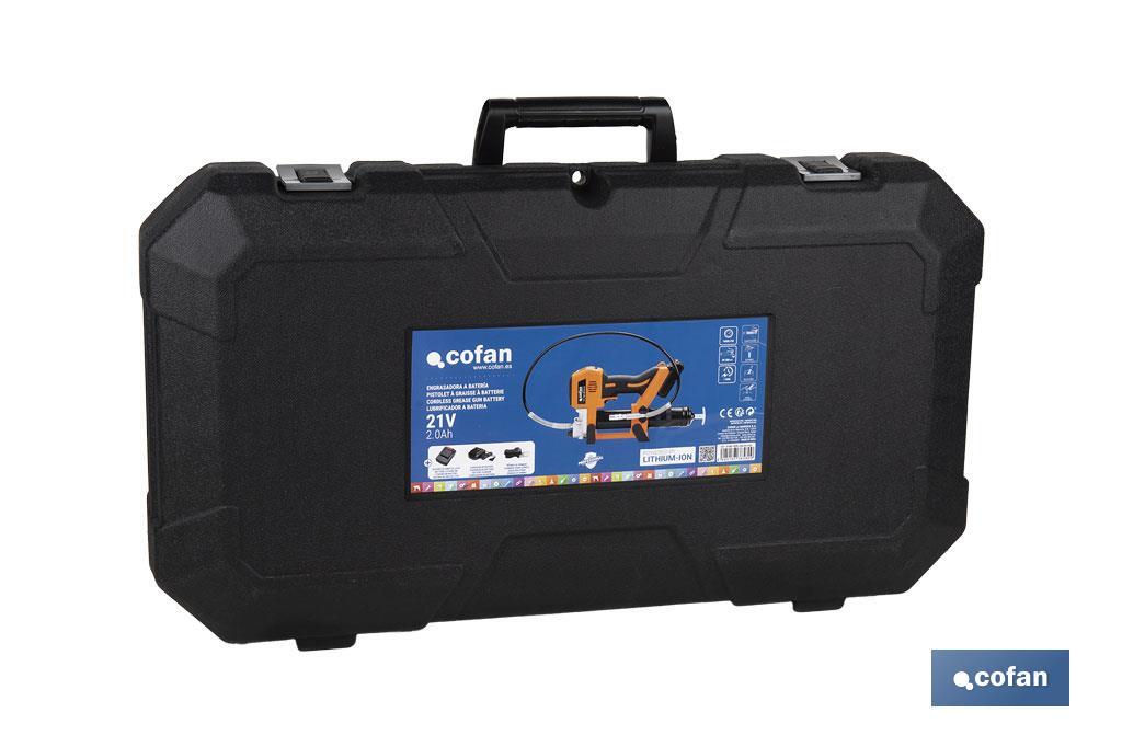 Pistola engrasadora a batería | Batería Li-ion 21 V 2 Ah | Presión máxima: 690 bar | Adecuada para cartuchos de 400 ml - Cofan