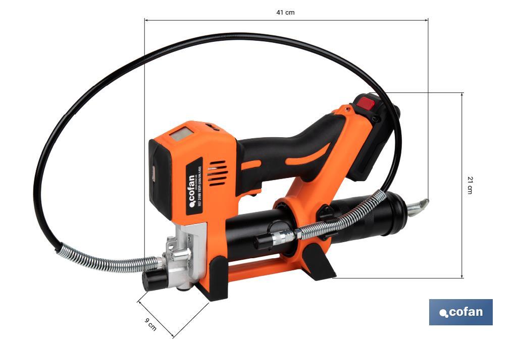 Pistola engrasadora a batería | Batería Li-ION 21 V 2 Ah | Presión máxima: 690 bar | Adecuada para cartuchos de 400 ml - Cofan