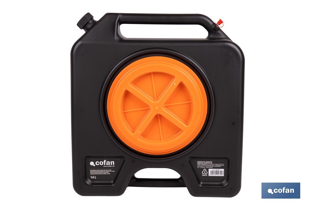 Recogedor de aceite usado | Capacidad: 14 litros | Material: HDPE | Bidón con tapa y filtro - Cofan