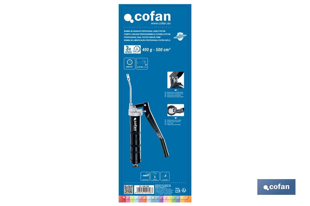 Bomba de engrase profesional de doble pistón | Capacidad: 400 g | Alta presión 6000 PSI - Cofan