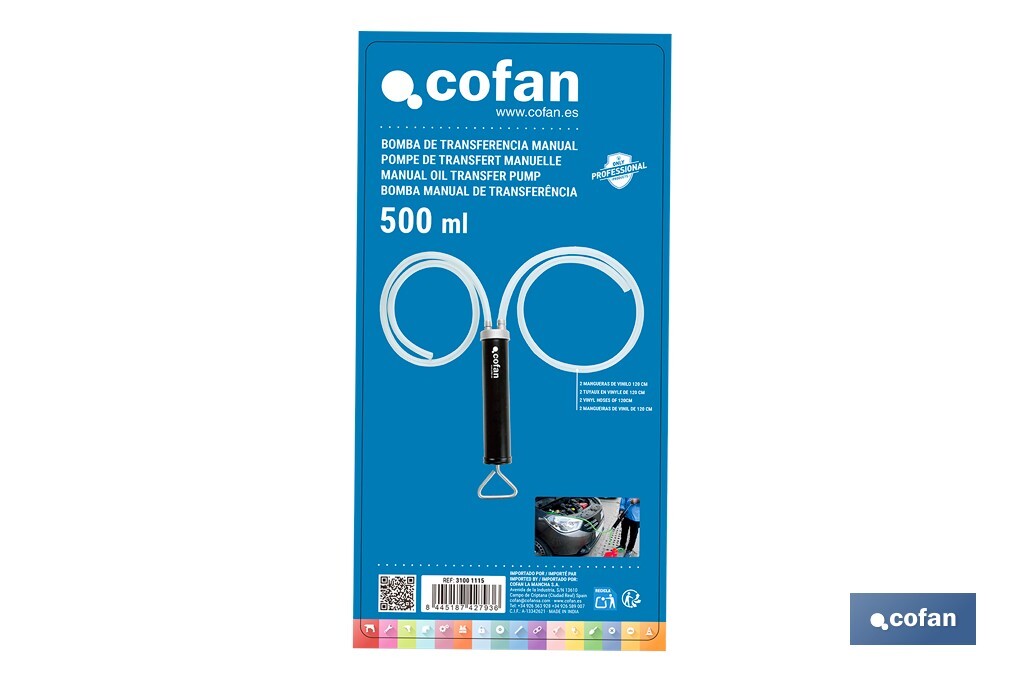 Bomba de transferencia manual | Capacidad: 500 ml | Acción dual | Cuerpo metálico - Cofan