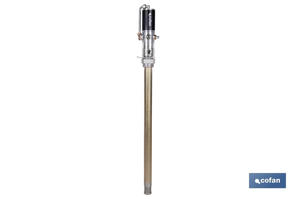 Bomba neumática lubricante | Relación 3:1 | Caudal: 14 LPM | Presión máxima: 10 bares | Disponible para bidones de 60 o 205 litros - Cofan