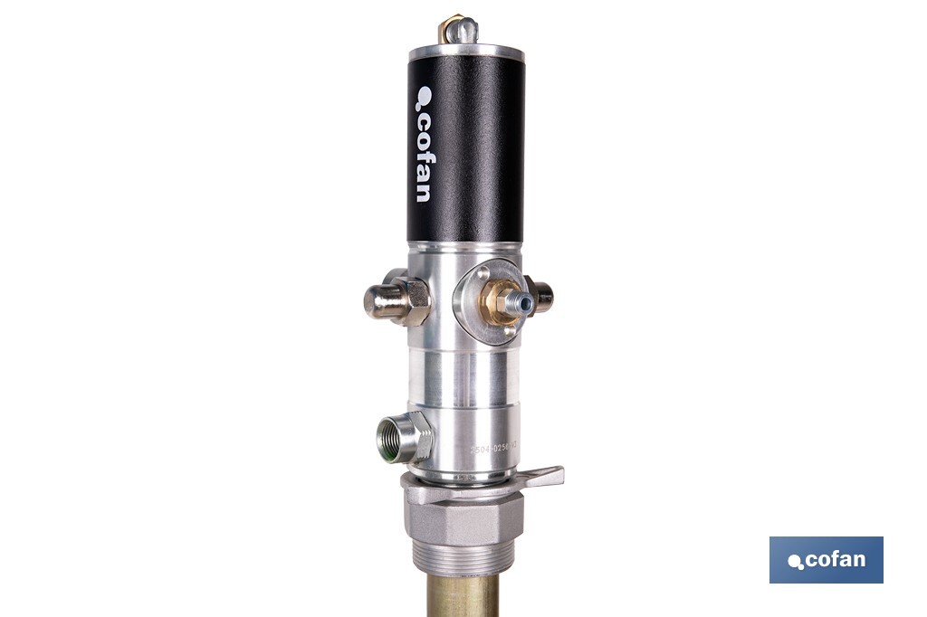 Bomba neumática lubricante | Relación 3:1 | Caudal: 14 LPM | Presión máxima: 10 bares | Disponible para bidones de 60 o 205 litros - Cofan