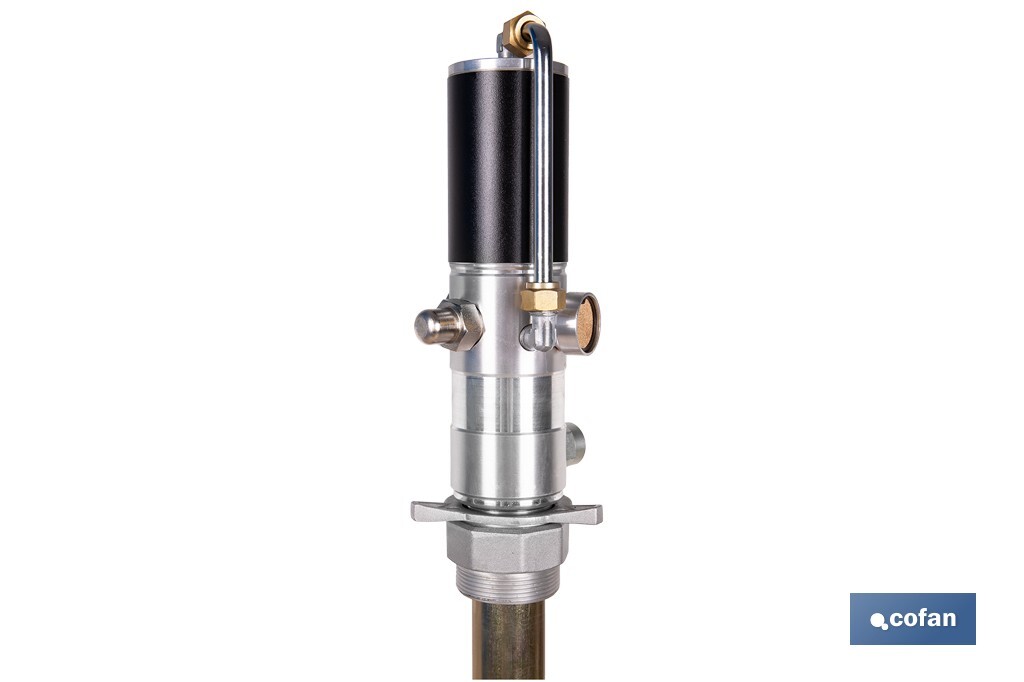 Bomba neumática lubricante | Relación 3:1 | Caudal: 14 LPM | Presión máxima: 10 bares | Disponible para bidones de 60 o 205 litros - Cofan