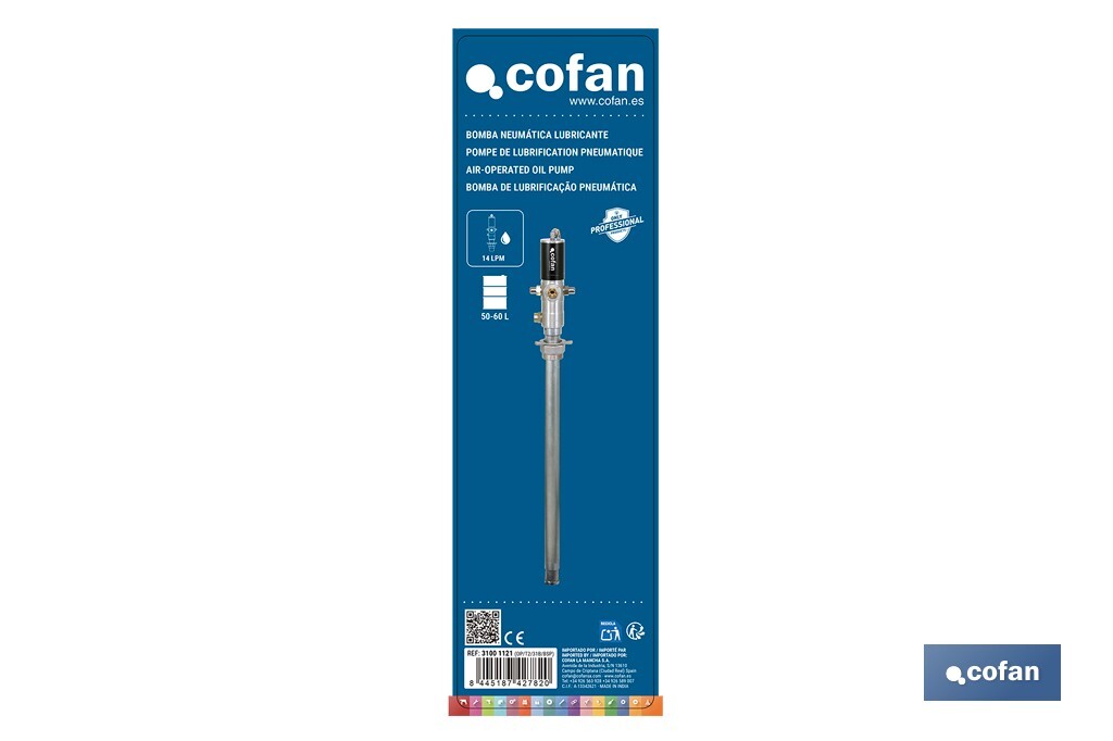 Bomba neumática lubricante | Relación 3:1 | Caudal: 14 LPM | Presión máxima: 10 bares | Disponible para bidones de 60 o 205 litros - Cofan