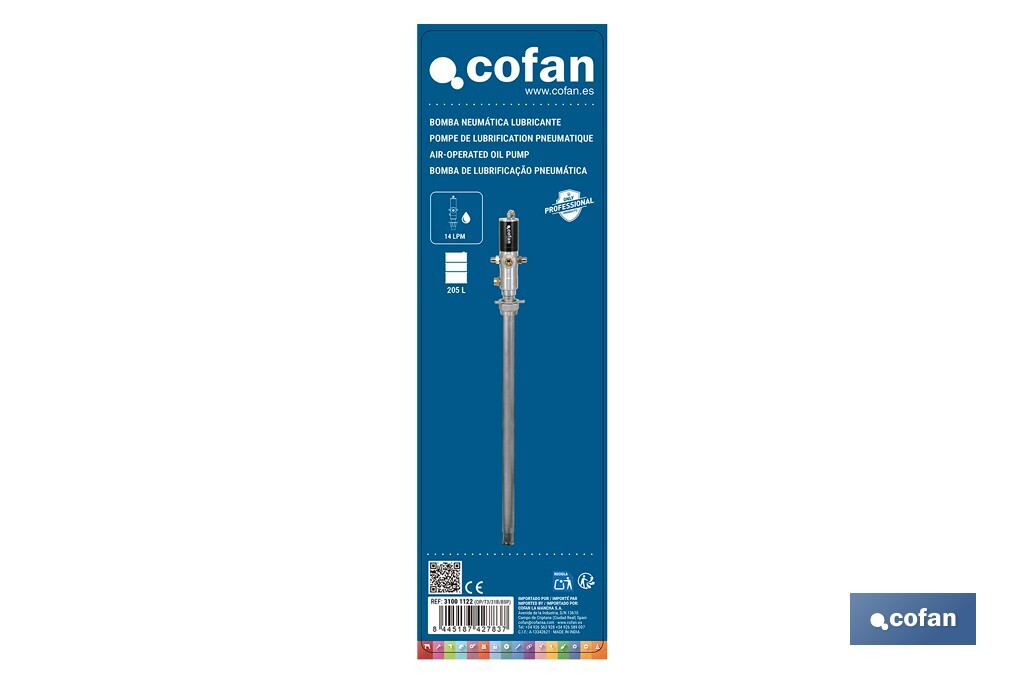 Bomba neumática lubricante | Relación 3:1 | Caudal: 14 LPM | Presión máxima: 10 bares | Disponible para bidones de 60 o 205 litros - Cofan