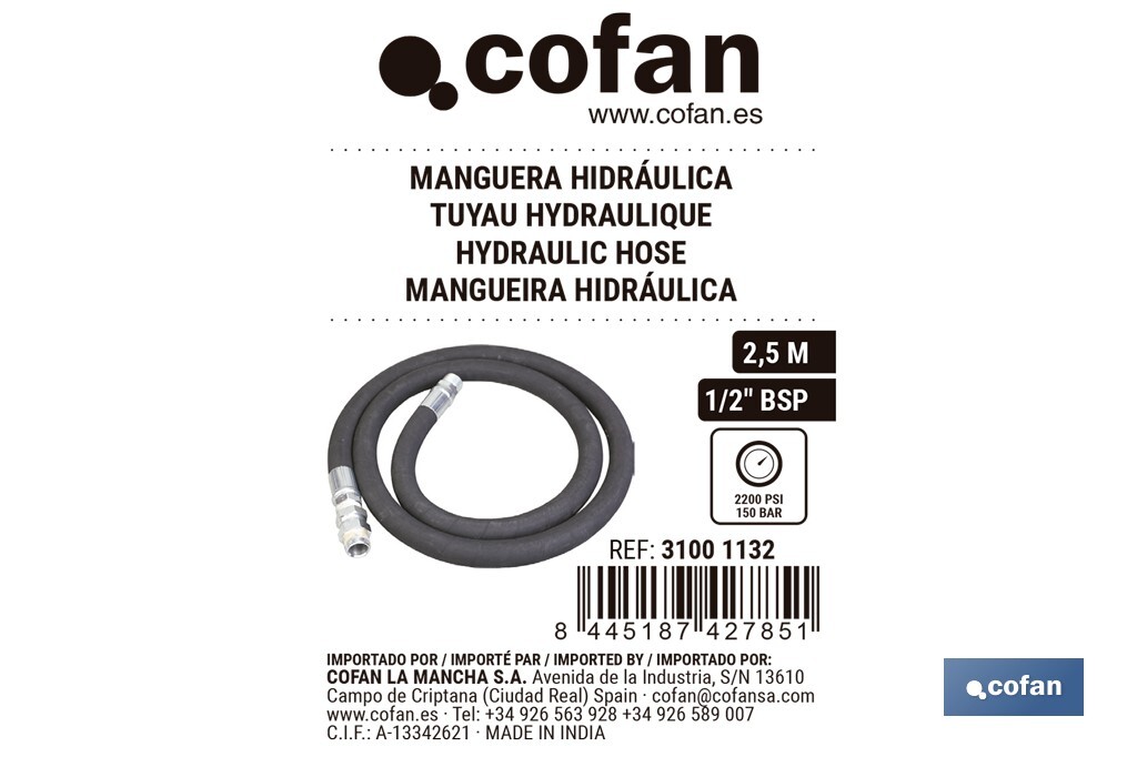 Manguera hidráulica | 2200 PSI | 1/2" BSP | Disponible en diferentes tamaños - Cofan