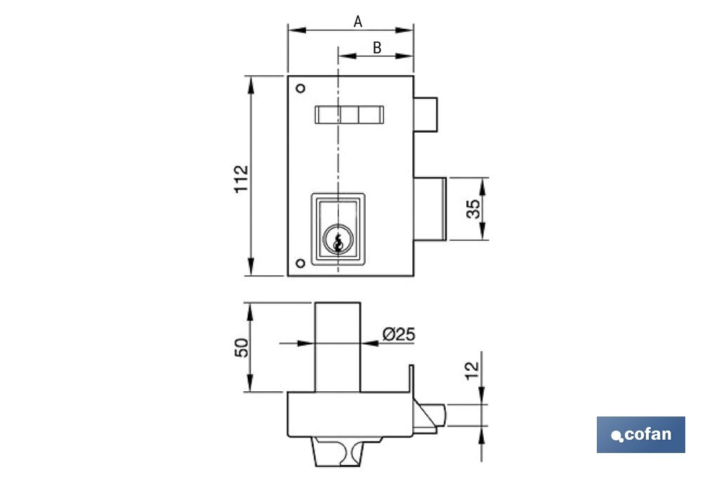 Cerradura de sobreponer de derecha | Adaptable al modelo 56A | Cilindro de Ø25 mm | Incluye 3 llaves | Disponible en dos medidas diferentes - Cofan