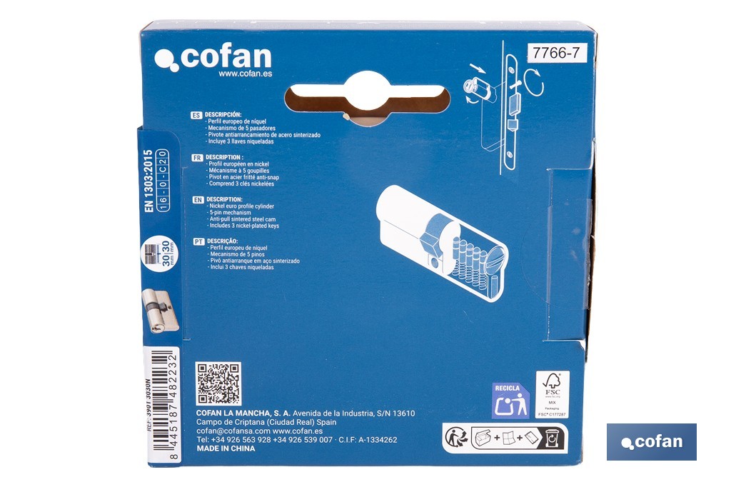 Cilindro de perfil europeo con acabado en níquel | Disponible en diferentes medidas - Cofan