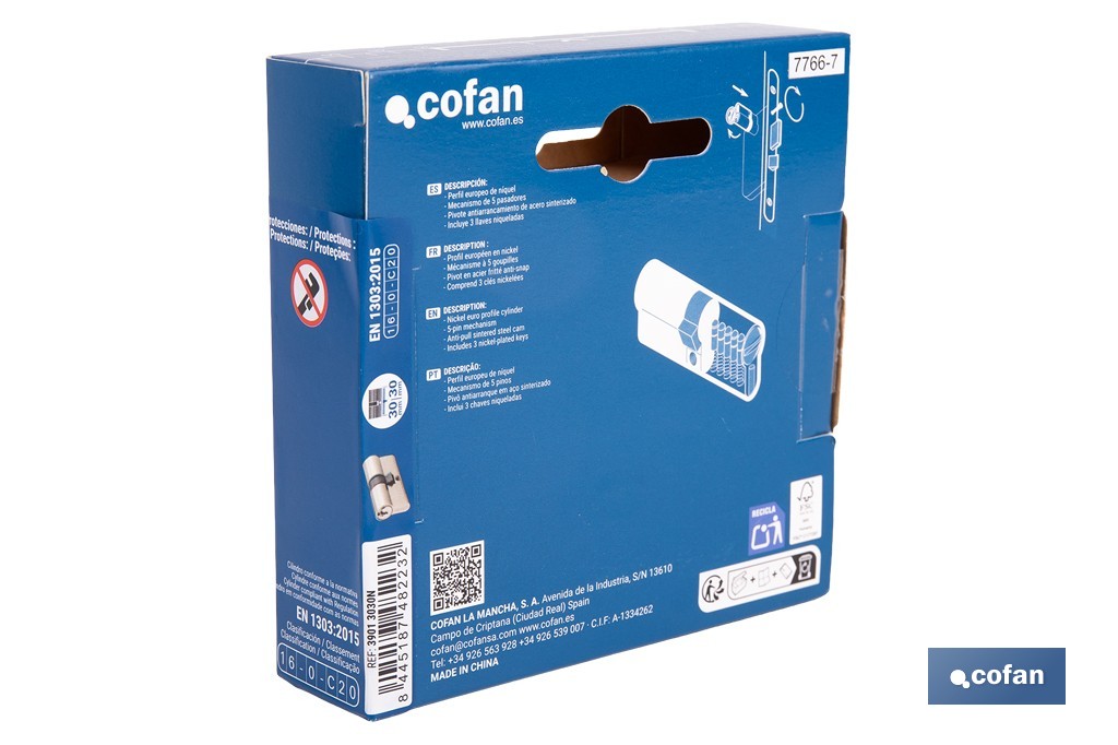 Cilindro de perfil europeo con acabado en níquel | Disponible en diferentes medidas - Cofan