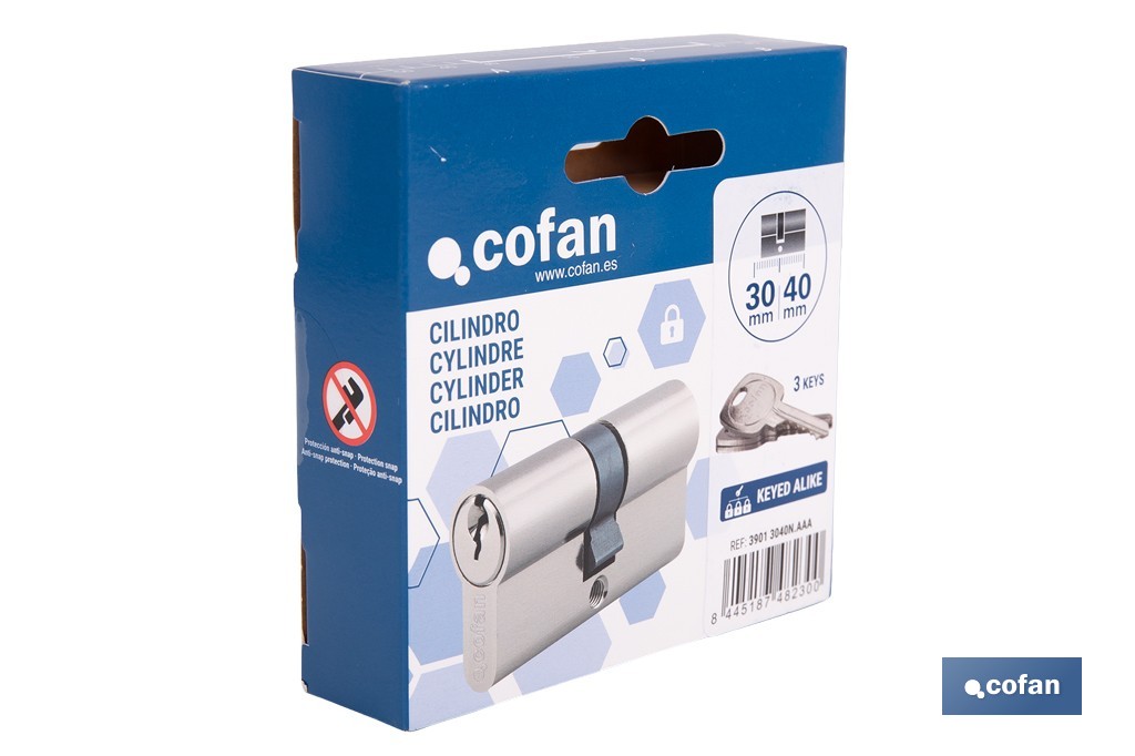 Cilindro de perfil europeo con llaves iguales (serie AAA) y con acabado en níquel | Disponible en diferentes medidas - Cofan