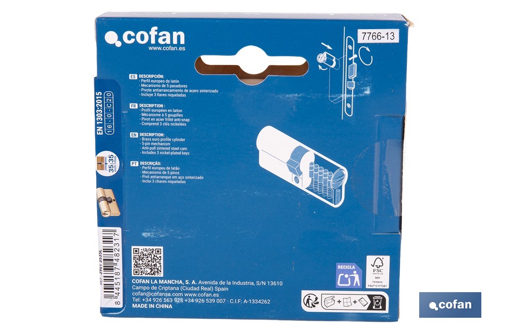 Cilindro de perfil europeo con acabado en latón | Disponible en diferentes medidas - Cofan