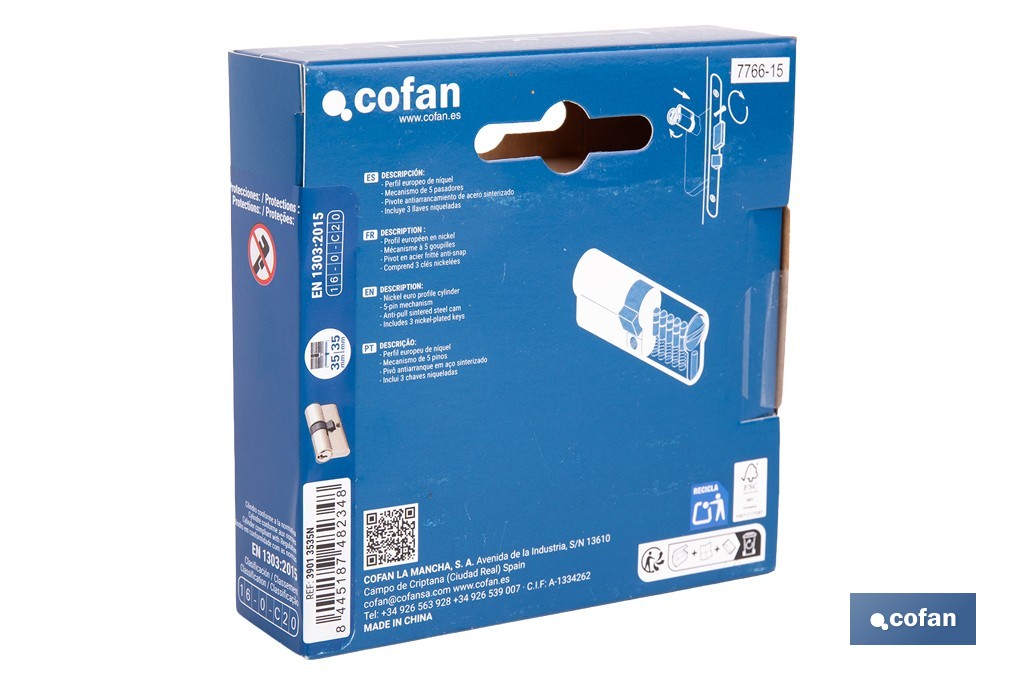 Cilindro de perfil europeo con acabado en níquel | Disponible en diferentes medidas - Cofan