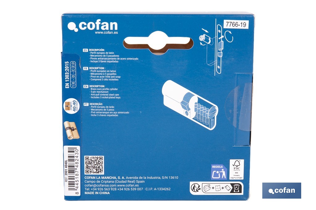 Cilindro de perfil europeo con acabado en latón | Disponible en diferentes medidas - Cofan