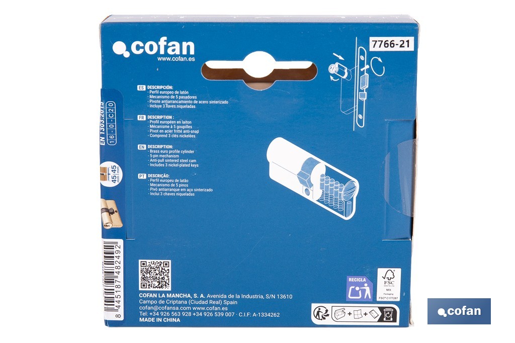 Cilindro de perfil europeo con acabado en latón | Disponible en diferentes medidas - Cofan