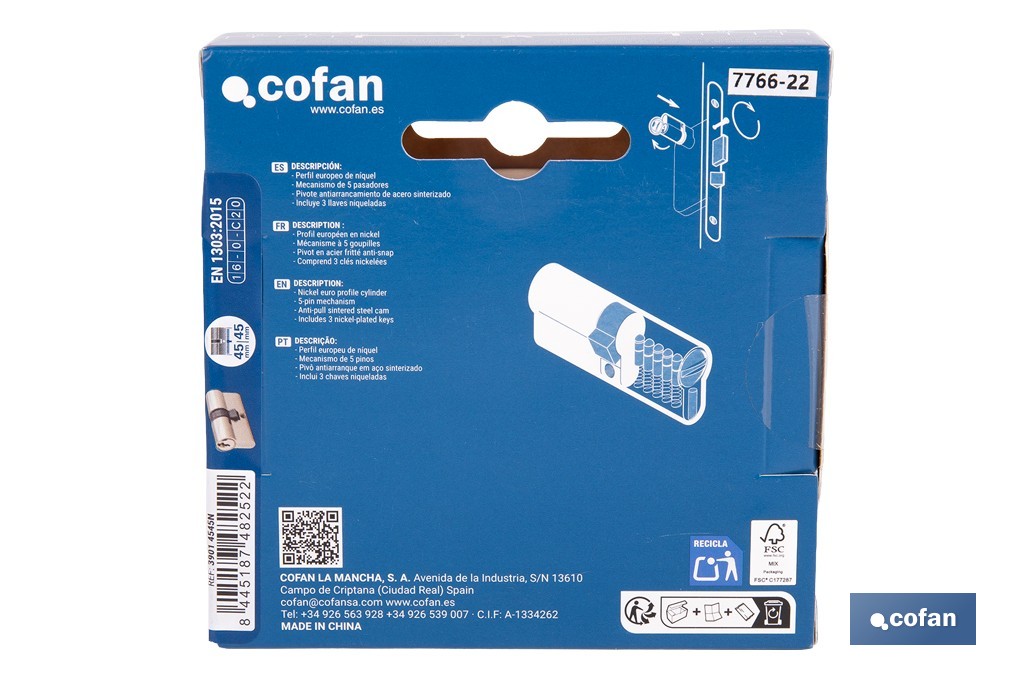 Cilindro de perfil europeo con acabado en níquel | Disponible en diferentes medidas - Cofan