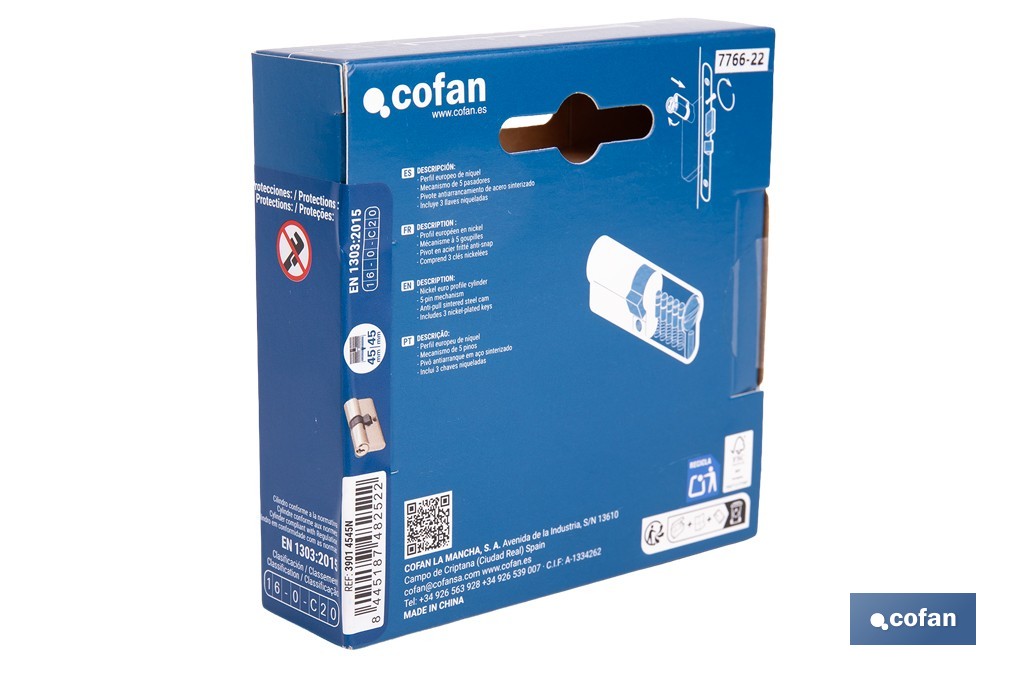 Cilindro de perfil europeo con acabado en níquel | Disponible en diferentes medidas - Cofan