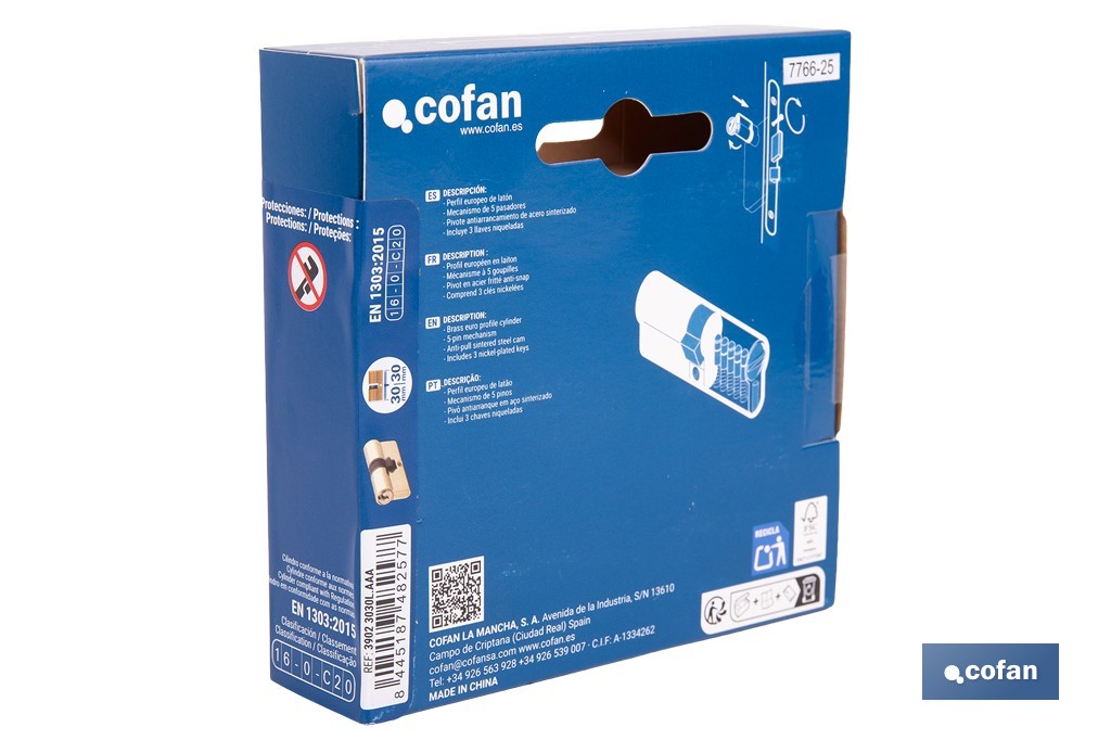 Cilindro Leva Corta de perfil europeo con llaves iguales (serie AAA) en acabado latón | Varias medidas disponibles - Cofan