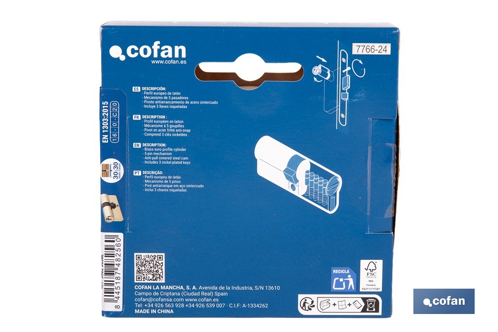 Cilindro de leva corta de perfil europeo con acabado en latón | Disponible en diferentes medidas - Cofan