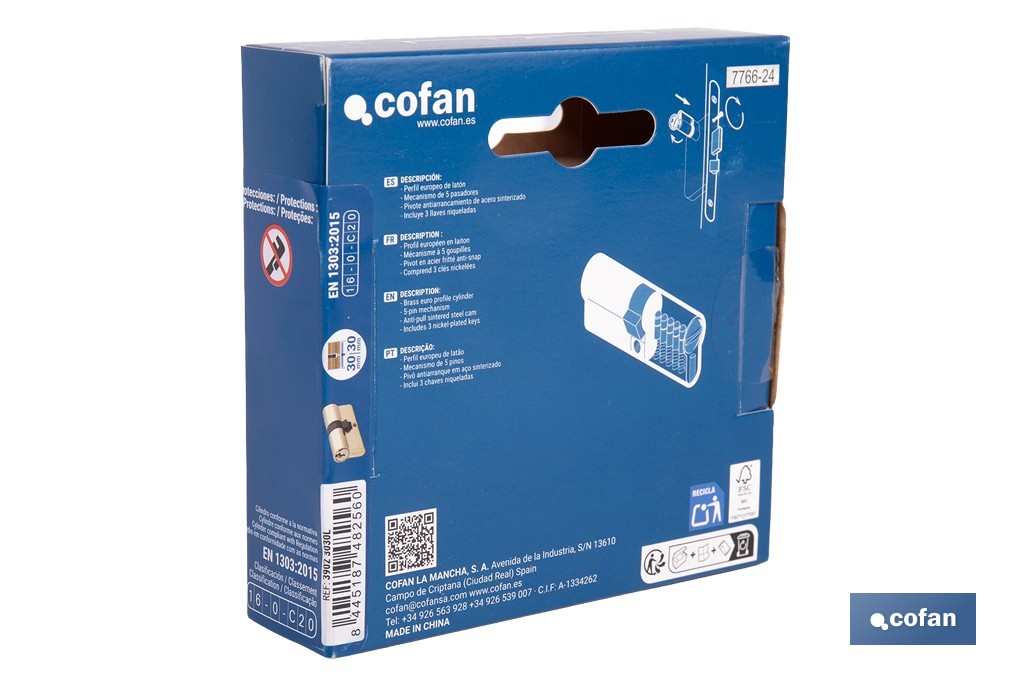 Cilindro de leva corta de perfil europeo con acabado en latón | Disponible en diferentes medidas - Cofan