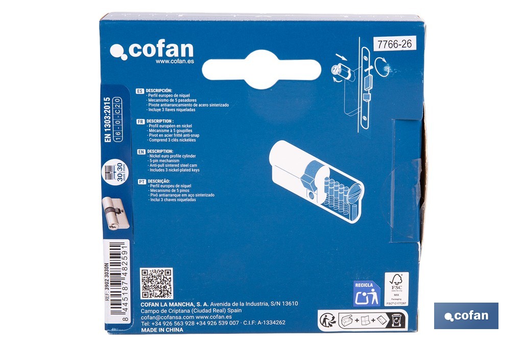 Cilindro Leva Corta de perfil europeo con acabado níquel | Varias medidas disponibles - Cofan